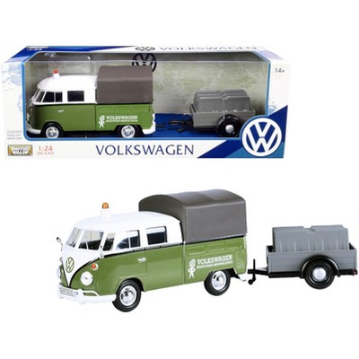 Volkswagen T1 Pickup with Canopy Green and White with Trailer "Road Service" 1/24 Diecast Model Car by Motormax