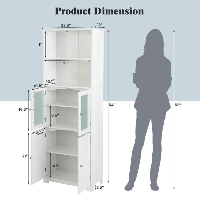 Tangkula Bathroom Tall Storage Cabinet Linen Tower w/ Glass Door & Adjustable Shelf White, 5 of 11