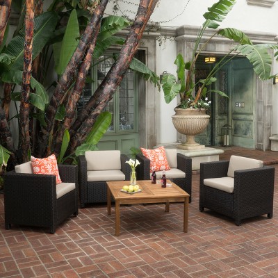 Puerta 4pc Wicker Club Chair & Coffee Table Set - Teak/Dark Brown/Beige - Christopher Knight Home: Weather-Resistant Acacia Frame Patio Set