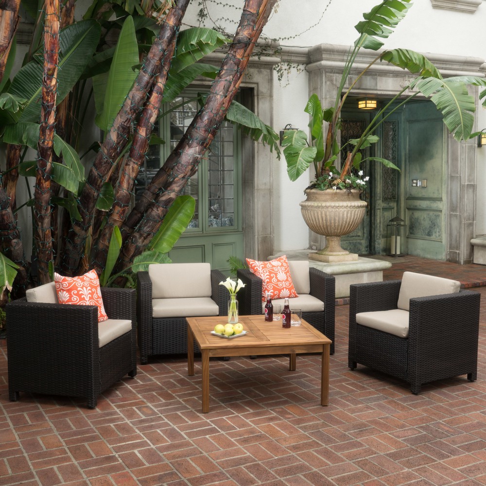 Photos - Garden Furniture Puerta 4pc Wicker Club Chair & Coffee Table Set - Teak/Dark Brown/Beige 