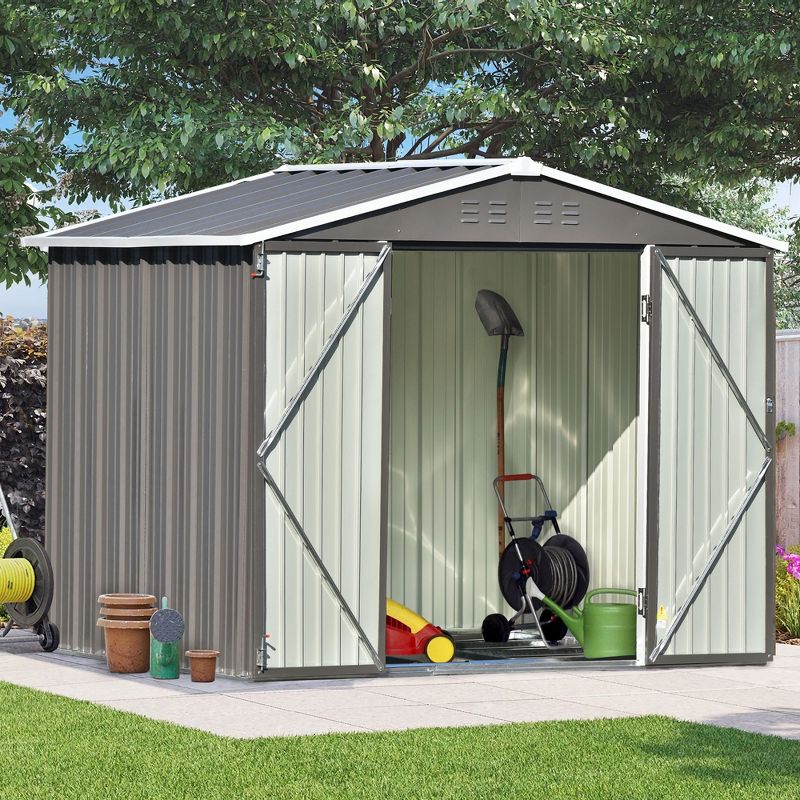 Patio 8ft x6ft Metal Storage Shed with Lockable Doors, Tool Cabinet with Vents and Foundation Frame-ModernLuxe, 1 of 14