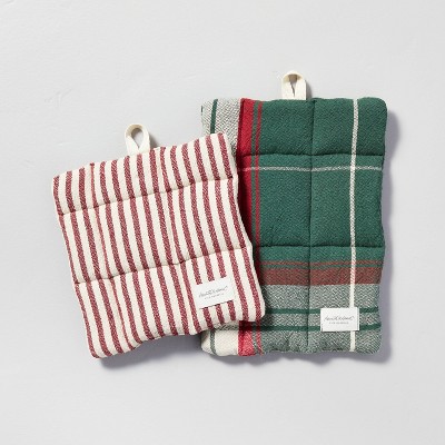 2pc Holiday Plaid & Ticking Stripe Potholder Set Green/Red/Cream - Hearth & Hand™ with Magnolia