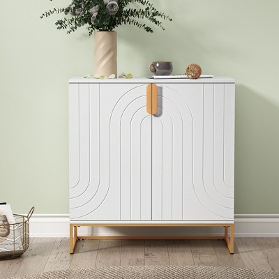 ORRD White Wood Grain Cabinet with 2 Doors, Storage Sideboard with Gold Legs for Living, Entryway & Dining