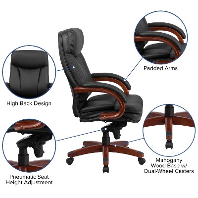 High Back Black Leather Executive Swivel Office Chair with Mahogany Wood Base