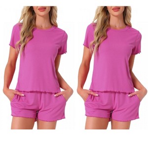 INSPIRE CHIC Women's 4 Pcs Ribbed Knit Soft Short-Sleeve Top & Shorts Ruffled Lounge Pajama Set with Pocket - 1 of 4