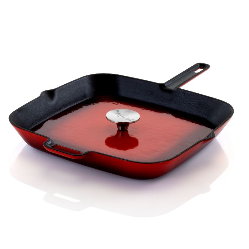 MegaChef 11 Inch Square Enamel Cast Iron Grill Pan with Matching Grill Press, 4 of 13
