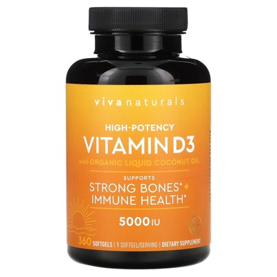 Viva Naturals Vitamin D3 with Organic Liquid Coconut Oil, High-Potency, 5,000 IU, 360 Softgels