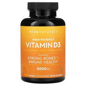 Viva Naturals Vitamin D3 with Organic Liquid Coconut Oil, High-Potency, 5,000 IU, 360 Softgels - 1 of 2