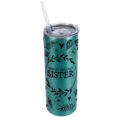 Elanze Designs Floral Turquoise Blue 20 Ounce Double Wall Stainless Steel Glitter Travel Tumbler With Sliding Lid And Straw, World's Greatest Sister