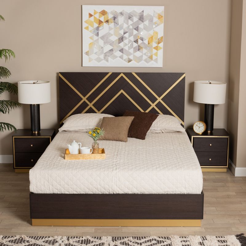 Baxton Studio Arcelia Contemporary Glam and Luxe Two-Tone Dark Brown and Gold Finished Wood Queen Size 3-Piece Bedroom Set, 1 of 11