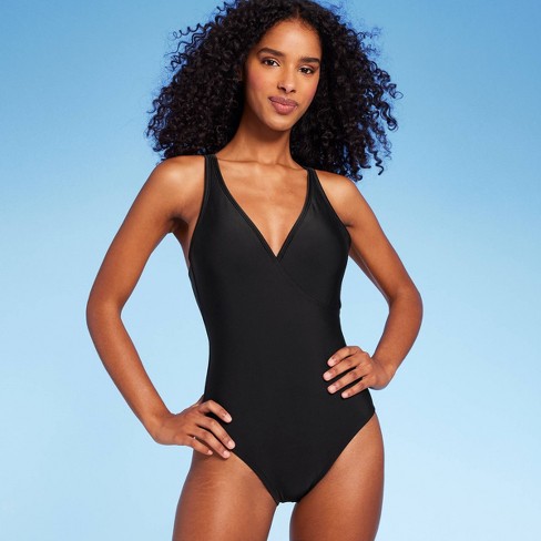 Black v neck hot sale one piece swimsuit