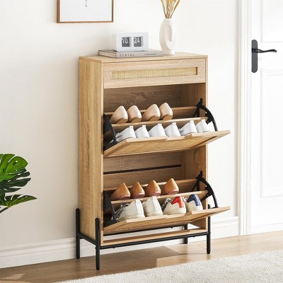 WhizMax Rattan Shoe Cabinet, 2 Flip Drawers & 1 Drawer, Adjustable Shelf, Metal Legs, Slim Shoe Rack