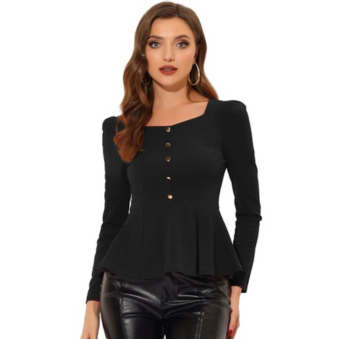 Allegra K Women's Square Neck Long Sleeve Knit Peplum Blouse Black X-Small