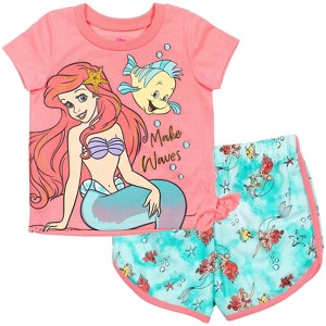 Disney Frozen Moana Princess Tiana Floral Peplum T-Shirt and French Terry Shorts Outfit Set Toddler to Big Kid - 1 of 4