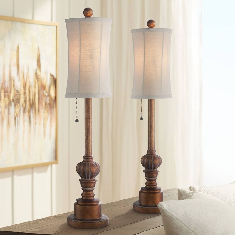 Regency Hill Traditional Buffet Table Lamps 28" Tall Set of 2 Warm Brown Wood Tone Fabric Drum Shade for Dining Room, 3 of 9