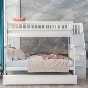 PAGED Twin over Full Bunk Bed Simple Pine Bed Frame with Trundle, Storage Stair and Guardrail for Bedroom - 1 of 4