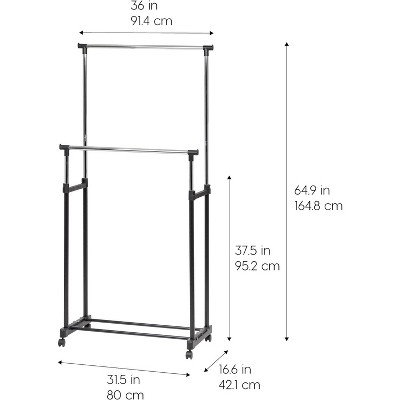 Adjustable Black Double Rod Clothes Rack with Wheels