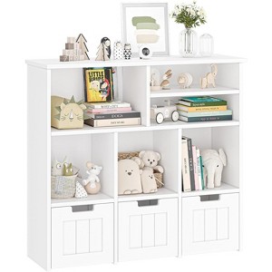 Toy Storage Cabinet with 3 Movable Drawers 6-Cubby Kids Bookcase Floor Storage Organizer with Hidden Wheels & Large Open Bookhelf - 1 of 4