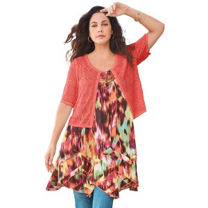 Roaman's Women's Plus Size Cropped Pointelle Short Sleeve Cardigan Sweater - 1 of 4