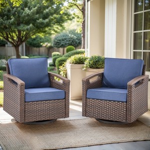 POCASSY Swivel Patio Chairs Swivel Rocker Set of 2, Dark Brown Hand-Brushed Arms 360° Swivel Outdoor Chairs with All Weather Brown Wicker & 4" Cushion - 1 of 4