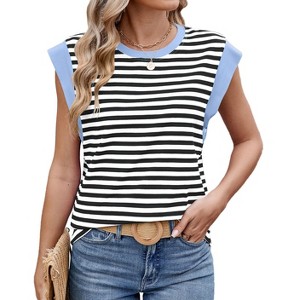 Clearlove Womens Tops Summer Cap Sleeve Pullover Crew Neck Tank Tops Basic Tee Shirts Casual Striped Loose Fit Clothes - 1 of 4