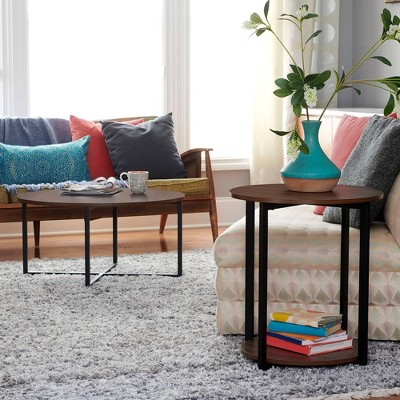 Mid-Century Walnut and Black Metal Round Coffee Table with Scratch-Resistant Top