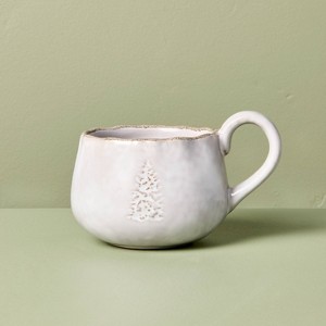 13.5oz Stoneware Debossed Tree Holiday Mug Sour Cream - Hearth & Hand™ with Magnolia - 1 of 3