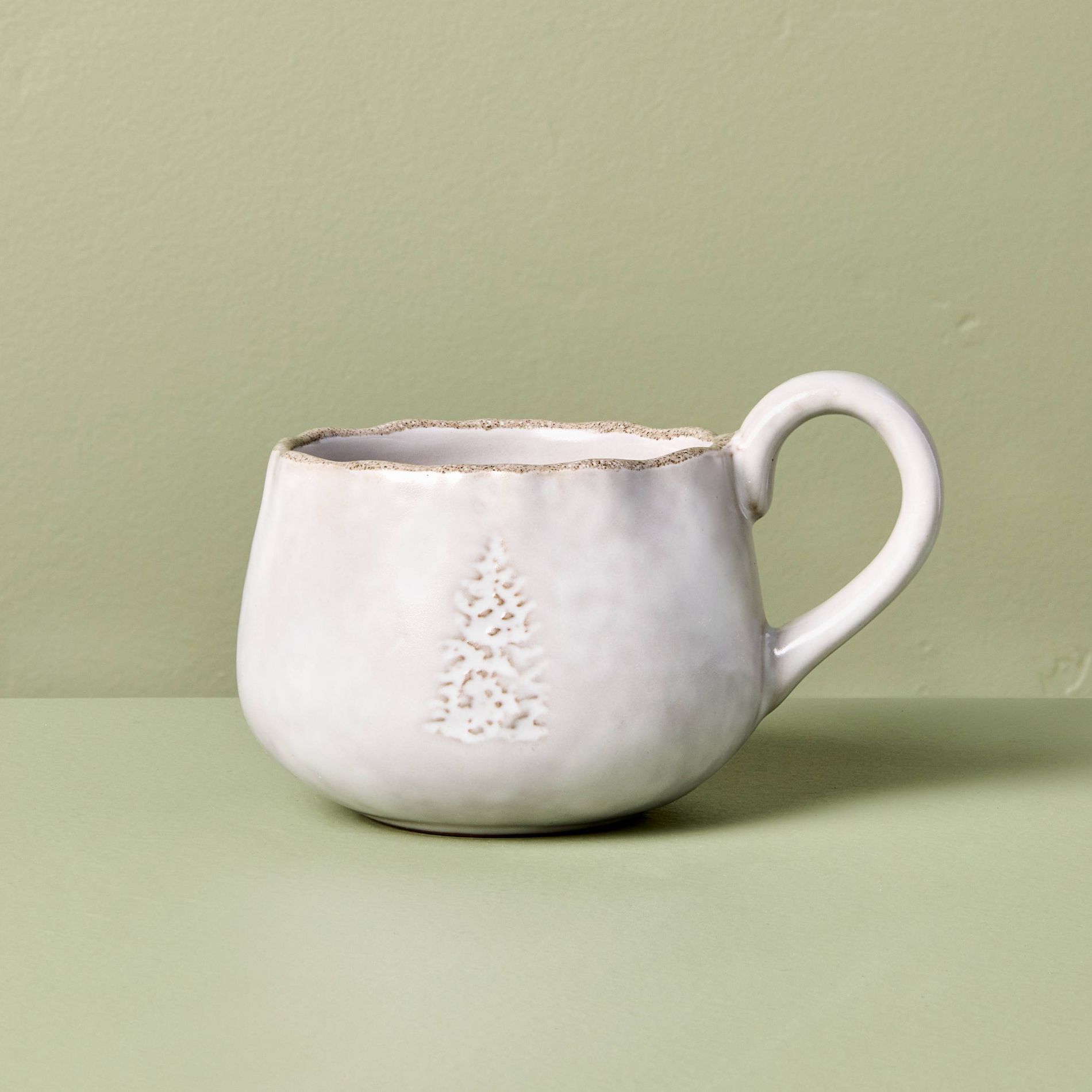 13.5oz Stoneware Debossed Tree Holiday Mug Sour Cream - Hearth & Hand™ with Magnolia