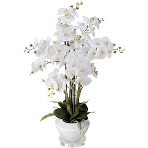 Dahlia Studios Potted Faux Artificial Flowers Realistic White Phalaenopsis in Ceramic Pot with Round Riser for Home Decor 29" High - 1 of 4