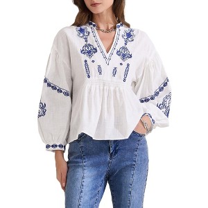 INSPIRE CHIC Women's Summer Embroidered V Neck Long Sleeve Flowy Casual Top - 1 of 4