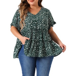 Agnes Orinda Women's Plus Size Boho Ditsy Floral V Neck Ruffle Tiered Pleated Babydoll Blouses - 1 of 4