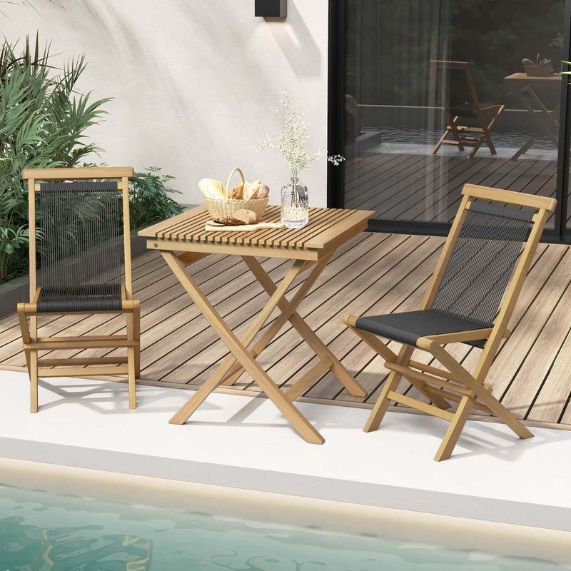 Costway 2/4 PCS Patio Folding Chairs with Woven Rope Seat & Back Indonesia Teak Wood for Porch Natural&Black, 4 of 11