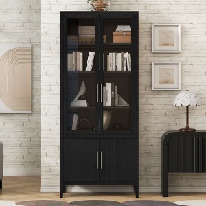 90.6'' Tall Storage Cabinet with Adjustable Shelves and Glass Doors, Luxurious Acacia Wood Bookcase & Freestanding Display Cabinet for Living Room - 1 of 4