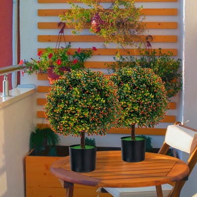 22'' Artificial Boxwood Topiary Ball Tree with Orange Fruits in Cement Pot