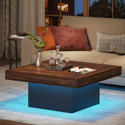 Hommoo Square Coffee Table, Farmhouse Wood Cocktail Table with LED Light