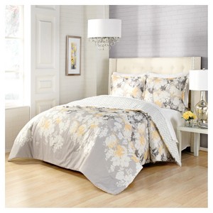 Gray Floral Garden Party Reversible Comforter Set (Queen) 3pc - Marble Hill , Gray/Yellow