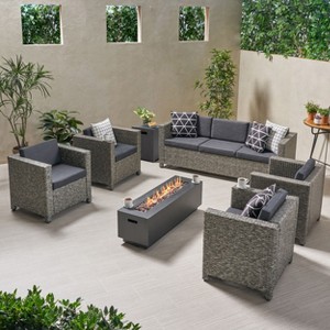Christopher Knight Home Hegseth Outdoor Wicker 7 Seater Chat Set with 50,000 BTU Iron Fire Pit - 1 of 4