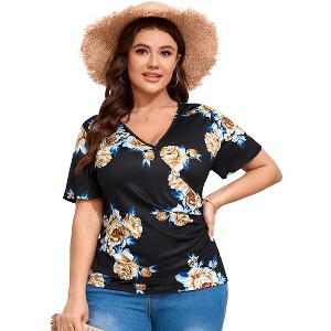 Women's Plus Size Shirt V Neck Pleated Blouse Short Sleeve Tunic Floral Top - 1 of 4