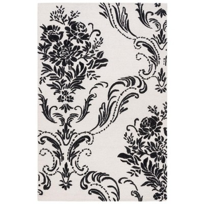 Ivory and Black Hand-Tufted Wool Floral Area Rug, 5' x 8'