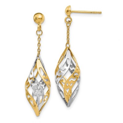 Black Bow Jewelry Two Tone Spiral Cage Post Dangle Earrings in 14k Gold