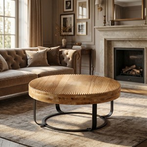 Airsurfer Modern Round Coffee Table with Wooden Carving Pattern and Metal Legs, Black Design for Living Room, Reception Room, Office - 1 of 4