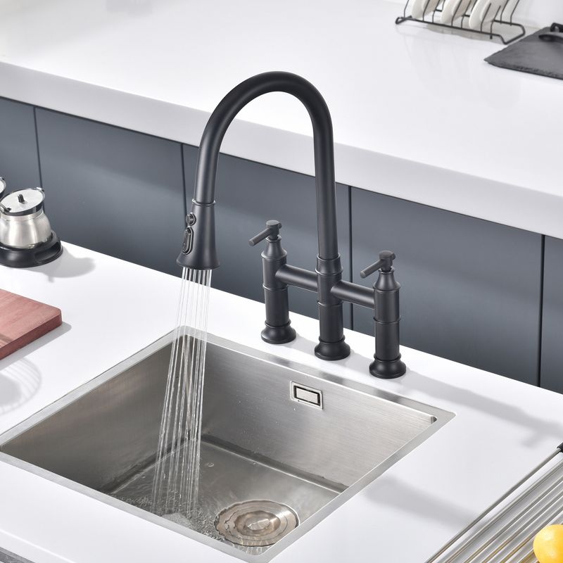 SUMERAIN Bridge Kitchen Faucet with Pull Down Sprayer Matte Black 3 Hole 2 Handle, Stainless Steel, 6 of 11