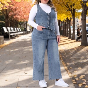 Women's Plus Size Two Piece Outfits Button-Up Jean Denim Vests and Wide Leg Stretch Denim Jeans Set - Agnes Orinda - 1 of 4