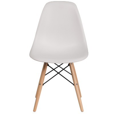 White Plastic Side Chair with Wooden Legs and Metal Bracing
