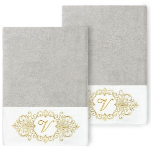 Linum Home Textiles 100% Turkish Cotton MONICA Gold Thread 2PC Embellished Bath Towel Set - 1 of 3