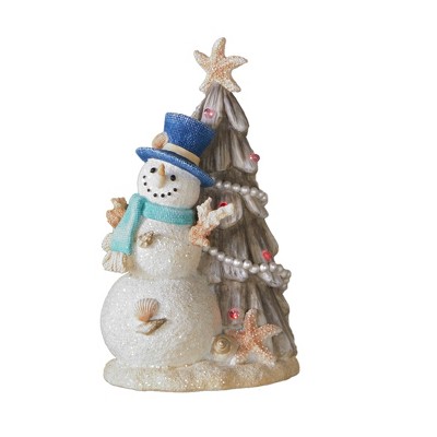 Lakeside Ceramic Lighted Snowman and Christmas Tree Figurine with Nautical Accents
