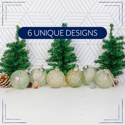 Farmhouse Green Glass Ball Christmas Ornaments Set of 6