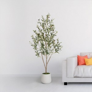 Romswi Faux Olive Tree with Oval White Planter, 5 FT Tall Faux Olive Trees, with Natural Wood Trunk Lifelike Fruits, Fake Greenry Plant for Home Decor - 1 of 4