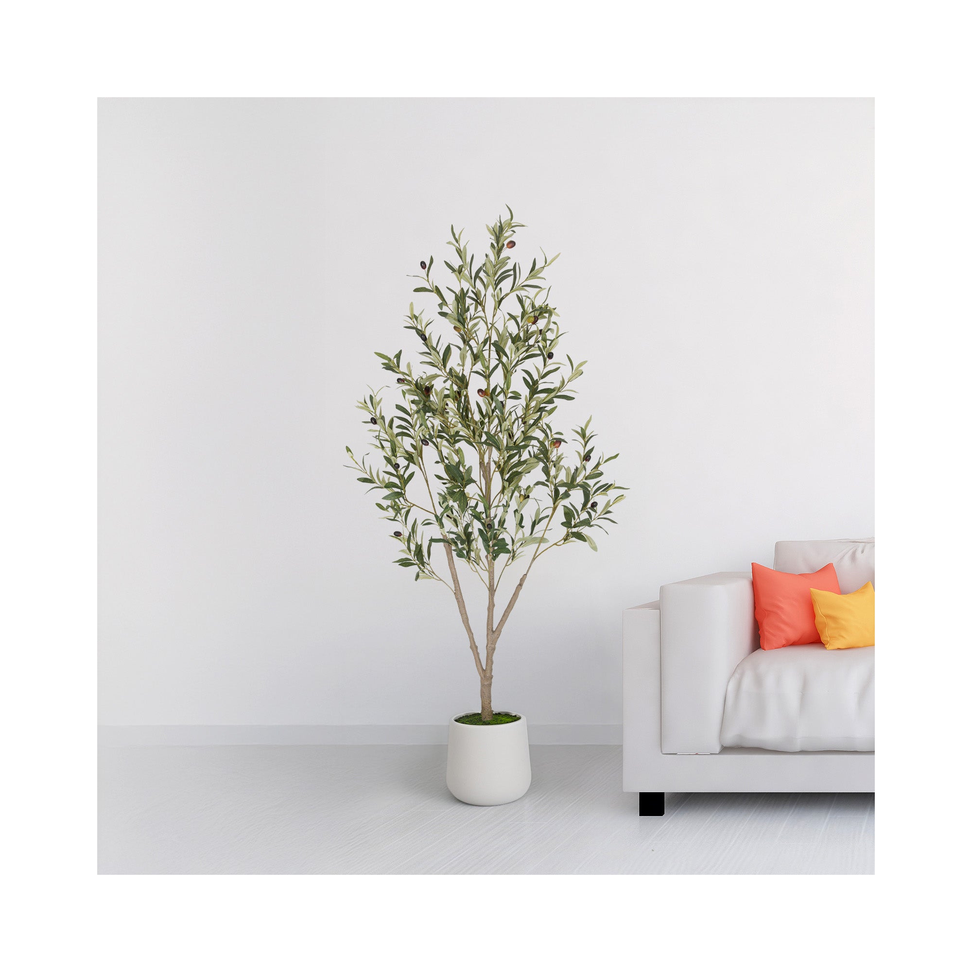 Romswi Faux Olive Tree with Oval White Planter, 5 FT Tall Faux Olive Trees, with Natural Wood Trunk Lifelike Fruits, Fake Greenry Plant for Home Decor