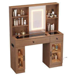 Large vanity table with sliding mirror and three-color lights, featuring storage drawers, shelves, cabinets, and ports, made of MDF, easy to assemble - 1 of 4